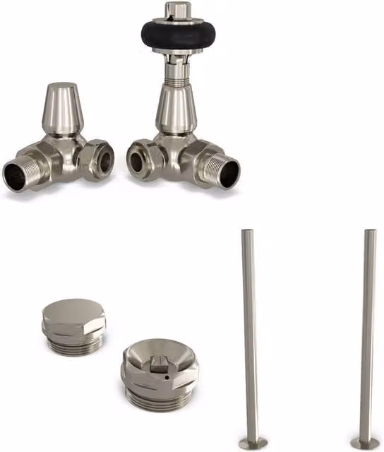 UK Radiators Signature Wooden Head Thermostatic Radiator Valve Installation Kit in Silver Nickel
