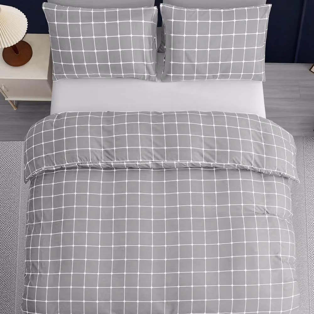 Lazzaro Home Single Reversible Checked Microfibre Duvet Cover and Pillowcase Set in Grey – 2