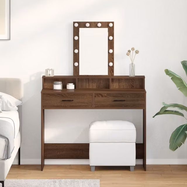 Berkfield Home Brown Oak Dressing Table with LED Lights, W/D/H: 100 x 41 x 140 cm – 1