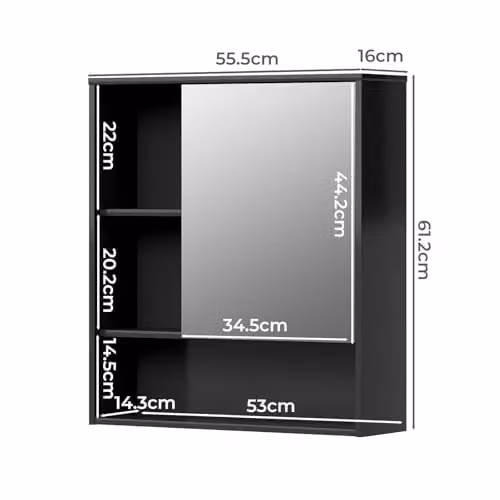 Levede Black Wall Mounted Bathroom Mirror Cabinet with HD Tempered Glass and Internal Shelves, W: 55.5 cm, H: 61.2 cm, D: 16.0 cm – 2