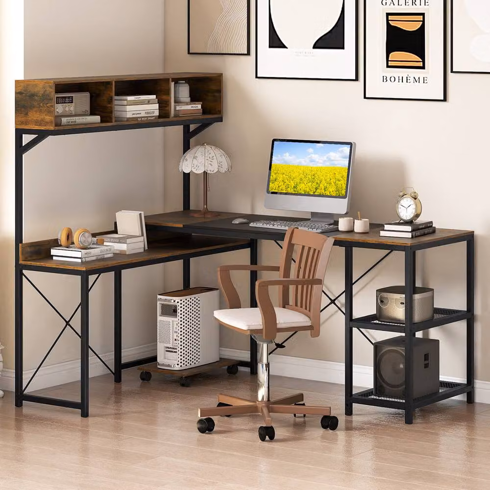 Costway L-Shaped Reversible Corner Computer Desk with Storage Hutch in Dark Brown – 3