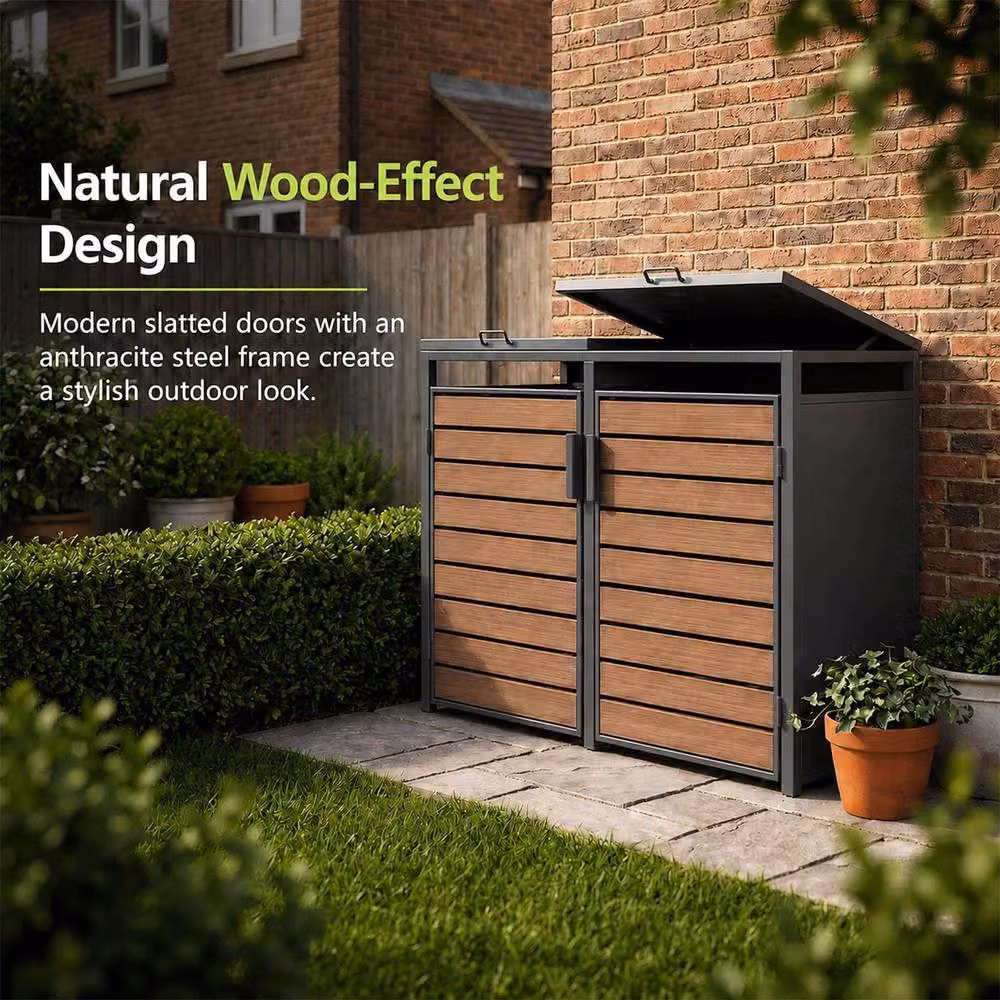 Nicoman Outdoor Metal Bin Storage Shed with Wood Effect Doors in Dark Grey Anthracite – 3