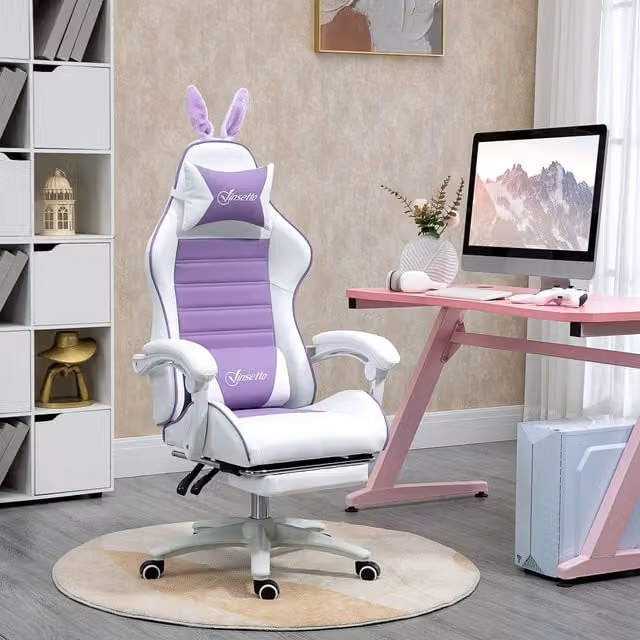 Vinsetto Racing Style Gaming Chair with Removable Rabbit Ears and Footrest in Purple and White – 1