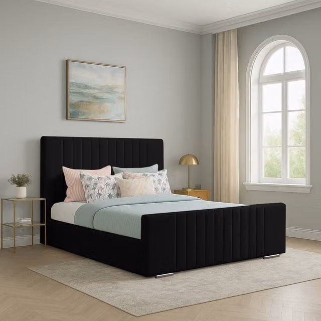 Desire Deco Caroline Upholstered Velvet Bed Frame in Black, W/D/H: 180 x 200 cm