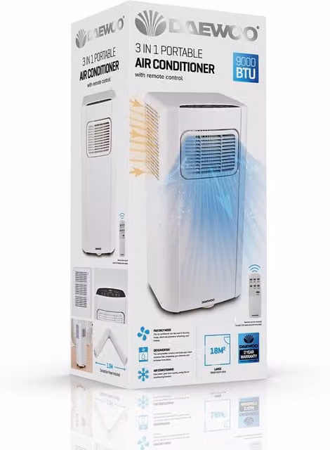 Daewoo 9000BTU Monobloc Portable Air Conditioning Unit with Timer, White