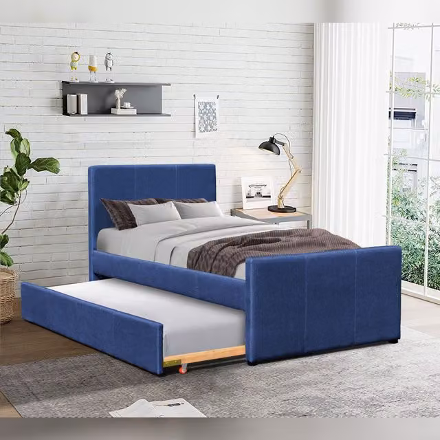 Comfy Living Ltd Blue Upholstered Fabric 3ft Single Bed Frame with Trundle, W: 90 cm, D: 200 cm – 1