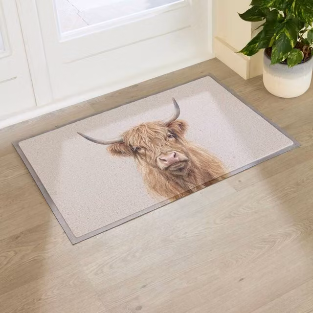 Artsy Mats Neutral Watercolour Highland Cow Doormat in Beige, W: 90 cm, D: 60 cm