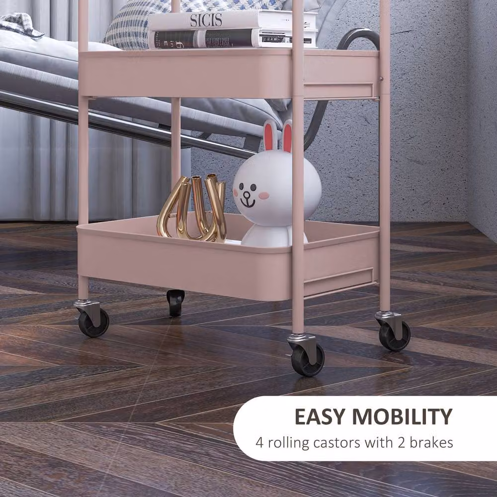 STILVORA Three-Tier Metal Storage Trolley with Wheels, Pink, W/D/H: 30.6 x 30.6 x 79.0 cm – 4
