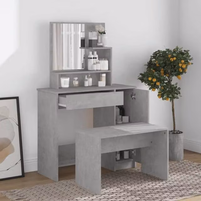 Berkfield Home Beautiful Dressing Table with Mirror in Concrete Grey, W: 86.5 cm, D: 35 cm, H: 136 cm