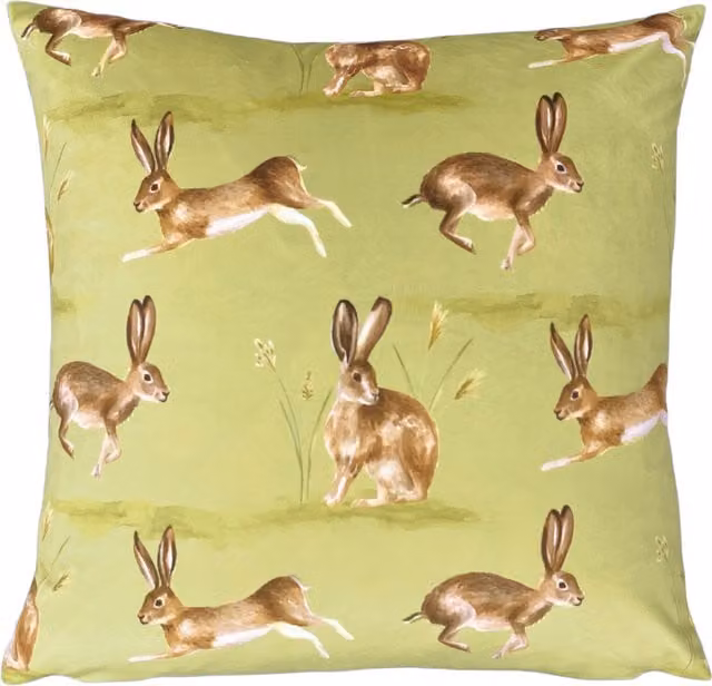 Country Running Hares Linen Cushion in Sage Green with Feather Filling