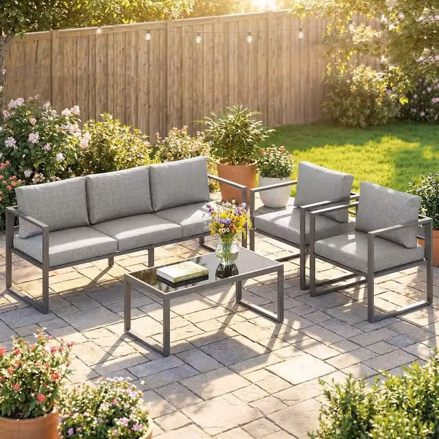 OUTSUNNY Modern Upholstered Patio Furniture Set with Powder Coated Aluminium Frame in Grey