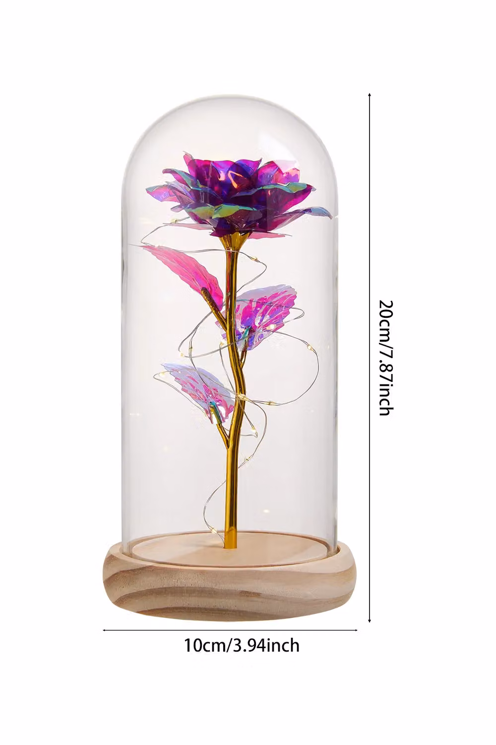 Living and Home Eternal Purple Rose in a Glass Dome with Wooden Base and LED Lighting – 3