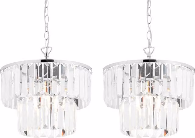 First Choice Lighting Knightsbridge Set of 2 Two Tier Glass and Crystal Pendant Lights in Silver and Chrome