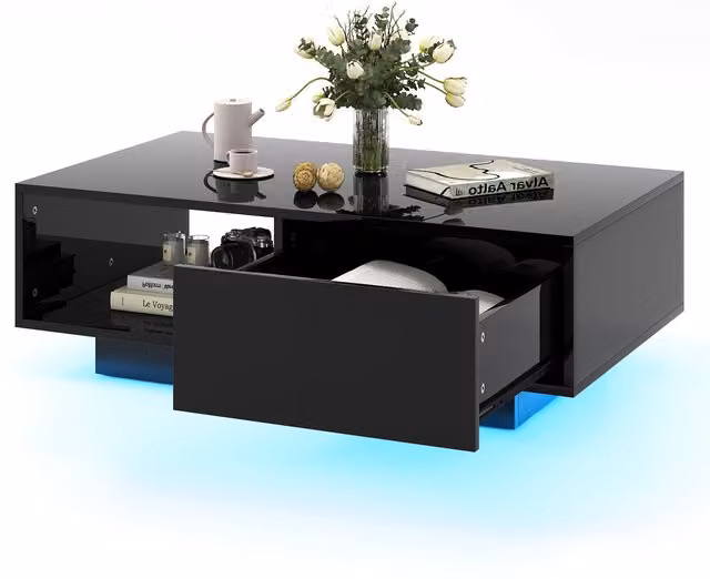 COSTWAY Modern Glossy Black Rectangular LED Coffee Table