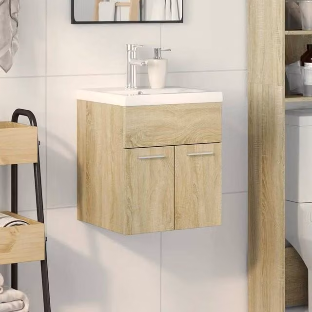 Berkfield Home 2 Piece Modern Bathroom Vanity Unit Set in Sonoma Oak and White, W/D/H: 46.0 x 41.0 x 38.5 cm – 1