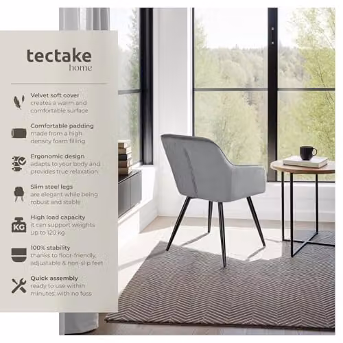 tectake Marilyn Dining Chair with Armrests in Grey and Black Velvet Look – 4