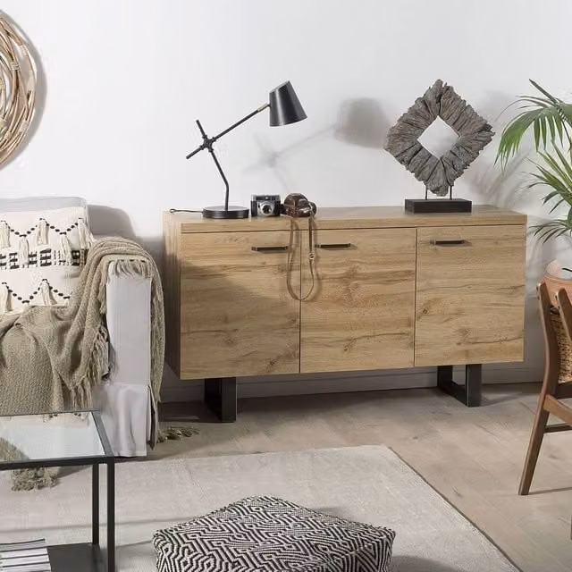 Wyld and Coco 3-Door Industrial Sideboard in Light Brown and Grey