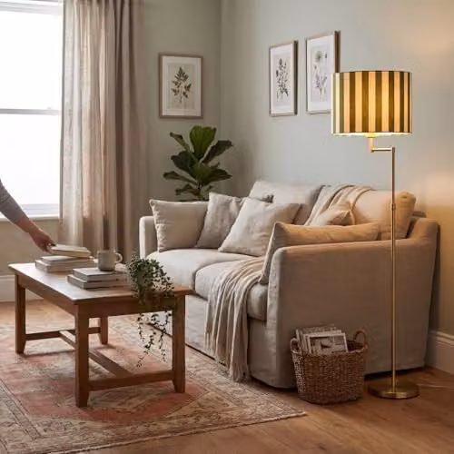 Happy Homewares Modern Green and Beige Linen Striped Cylinder Drum Lamp Shade with Fabric Inner Lining, W/D/H: 30 x 30 x 20 cm – 3