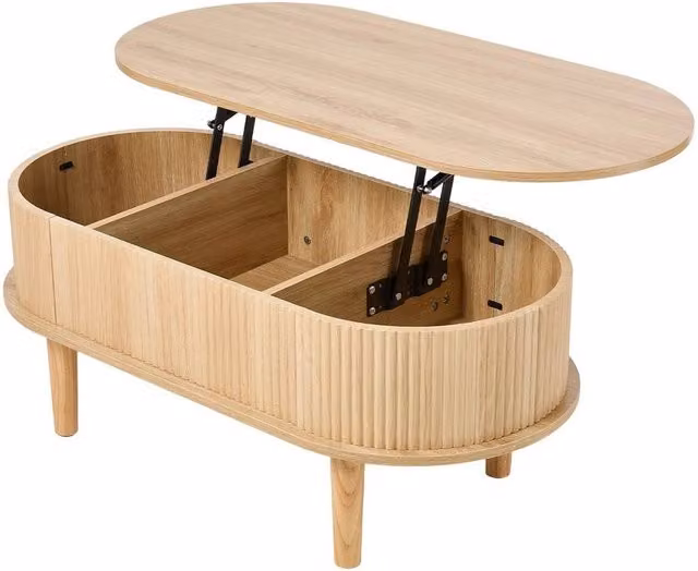 KORVIXA Mid-Century Oval Coffee Table with Lift Top and Storage in Brown and Beige Wood