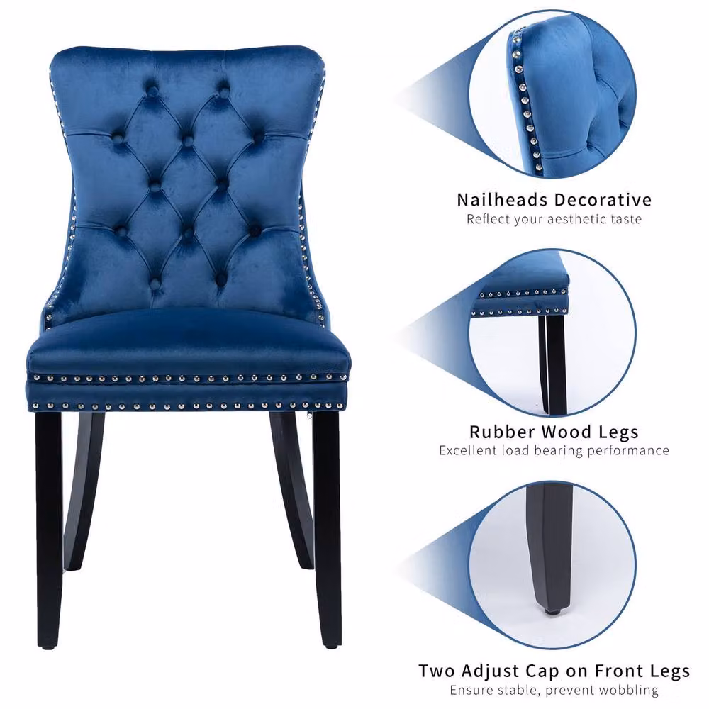 HomeTouch Romsey Set of 6 Blue Velvet Upholstered Dining Chairs with Oak Legs and Knocker Ring Back – 3