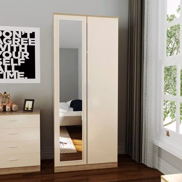 FLAVORA Modern High Gloss 2 Door Bedroom Wardrobe in Beige and White
