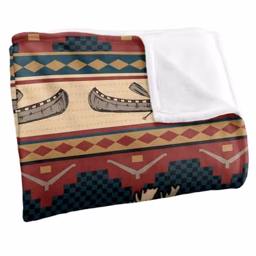 JQ Licensing Moose and Canoe Pattern Silky Touch Super Soft Fleece Throw Blanket, White and Multicolour, W: 152 cm, D: 127 cm – 2
