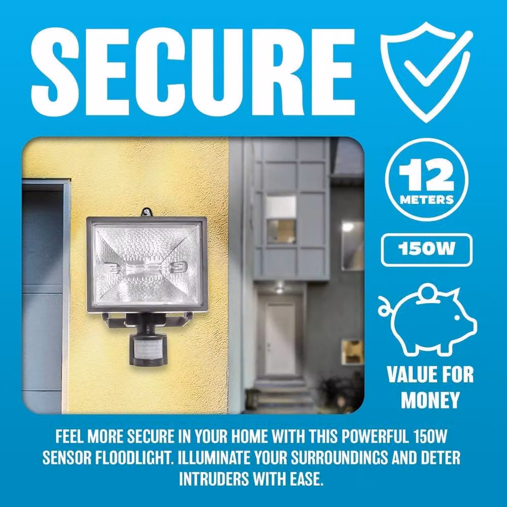 BARGAINS-GALORE 150W Black Halogen Security Flood Light with PIR Motion and Dusk Sensor – 5