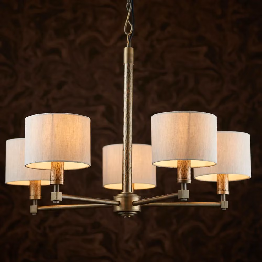 Loops Vintage 5-Bulb Multi Light Ceiling Pendant with White Fabric Shades and Bronze Metal Finish – 4