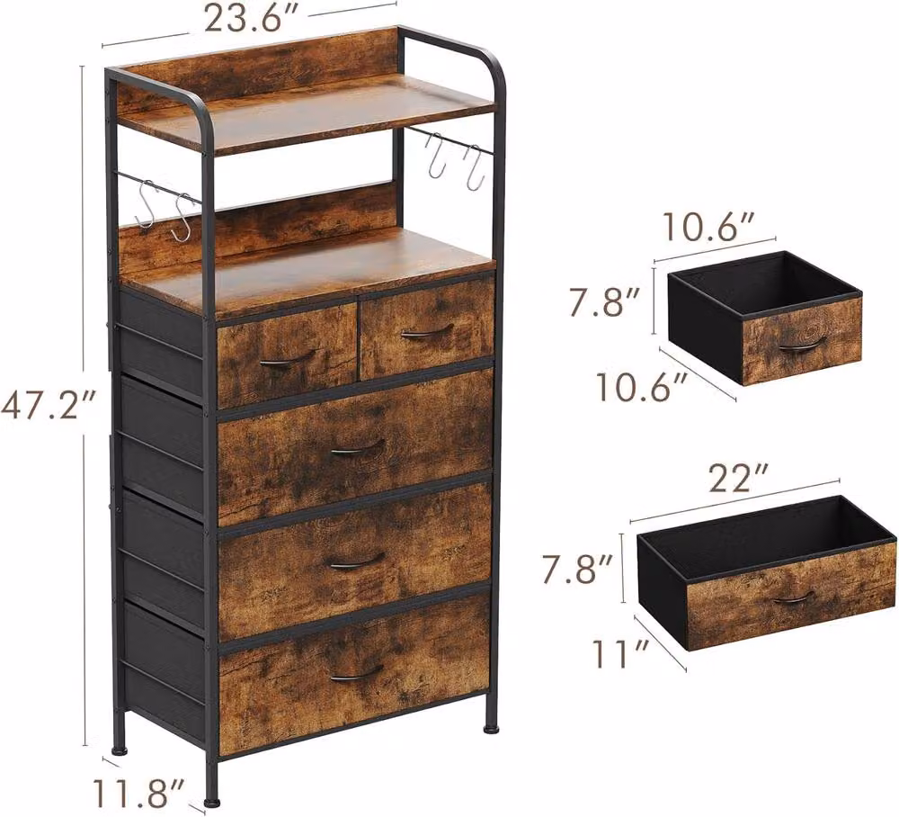 London Boutique Modern 5-Drawer Wooden Dresser and Storage Cabinet in Brown, W: 120 cm, D: 30 cm, H: 60 cm – 2