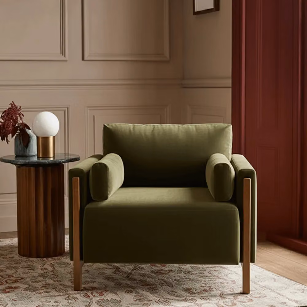 Atkin and Thyme Audrey Mid-Century Armchair in Green Velvet with Solid Wood Frame