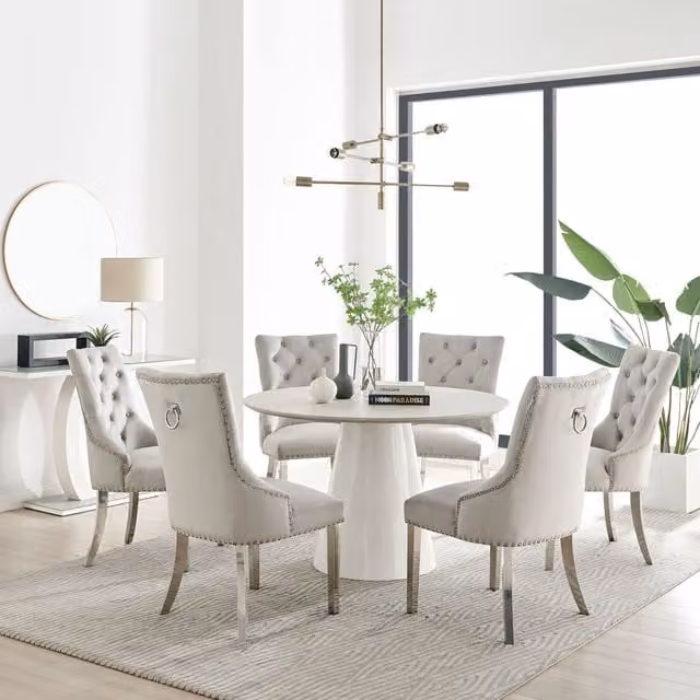 Furniturebox Palma Beige Stone Effect Round Dining Table and 6 Belgravia Grey Chairs