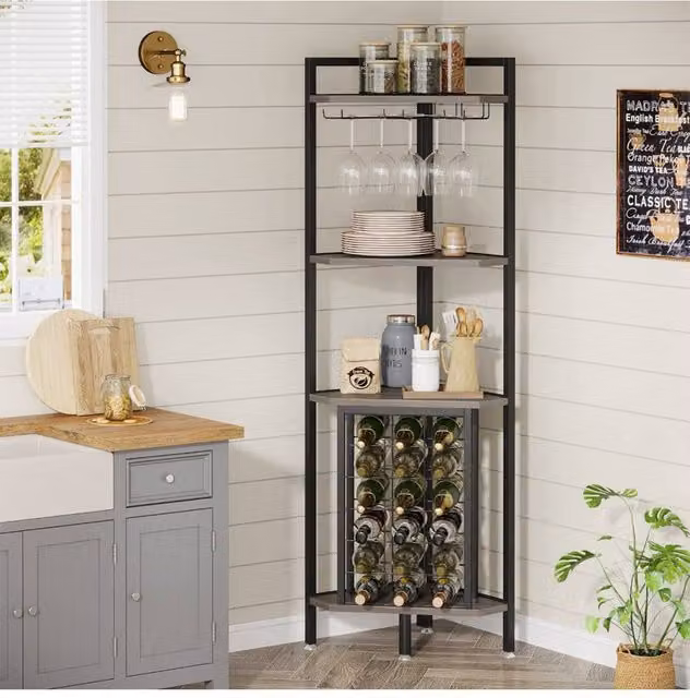 Living and Home Freestanding Industrial Corner Wine Rack with Glass Holder and Bottle Storage in Matt Black Metal – 1