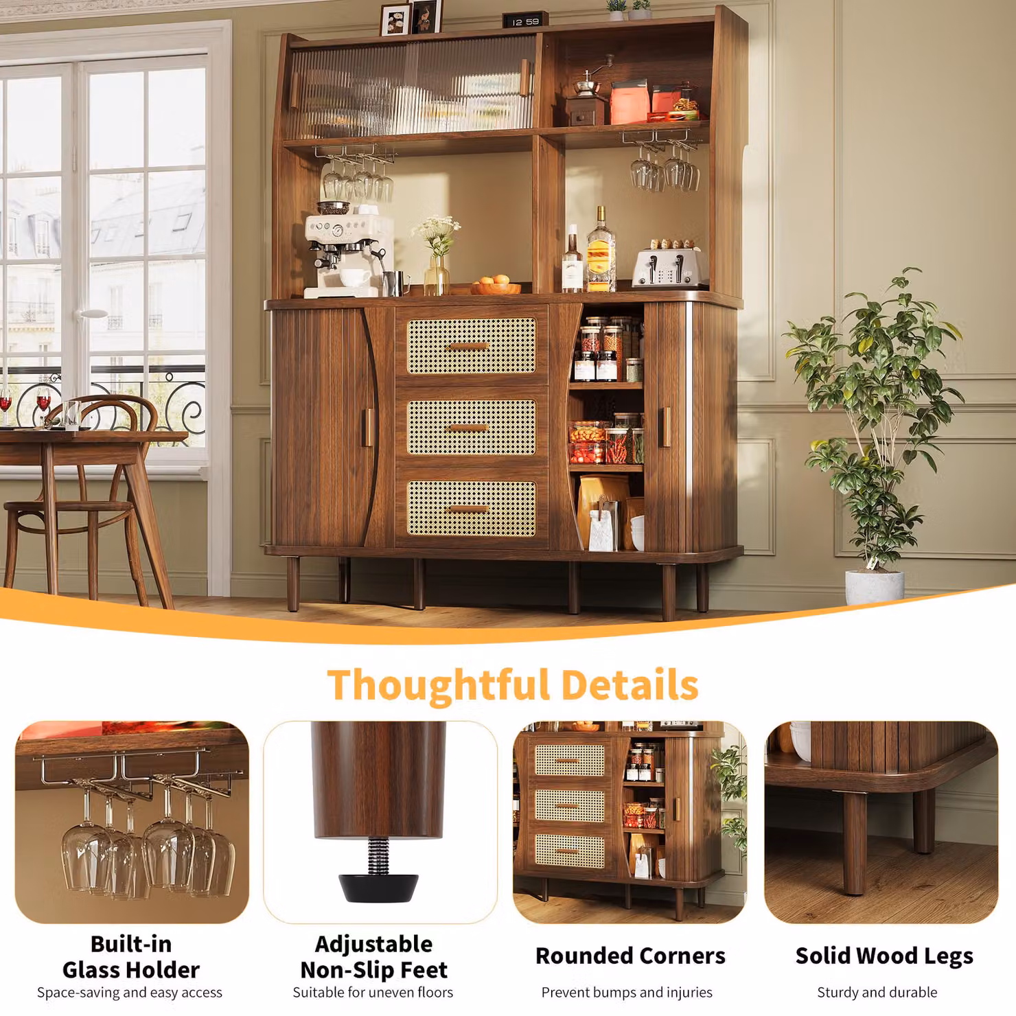 Aosom UK Rattan-Look Sideboard with Glass Sliding Doors and 3 Drawers, Walnut, W: 40.5 cm, H: 174.5 cm, D: 140 cm – 5