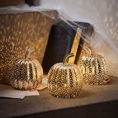 Lights4fun Set of 3 Gold Mottled Glass LED Light Up Pumpkins for Autumn and Halloween Decoration – 4