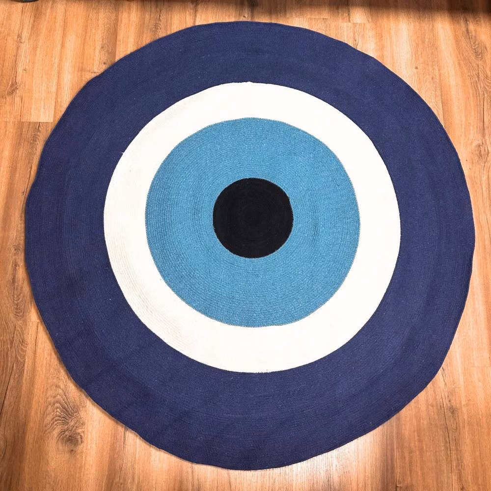 Serenityy Blue Multicolour Cotton Rope Evil Eye Woven Round Rug, Diameter: 150 cm – 3