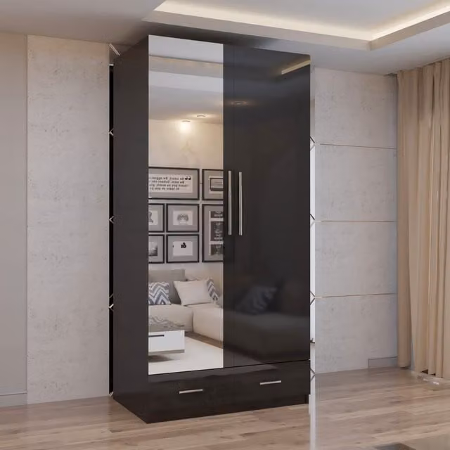 MN Furniture High Gloss 2 Door Hinged Wardrobe with Mirror and Drawers in Black and Silver, W/D/H: 90 x 50 x 200 cm