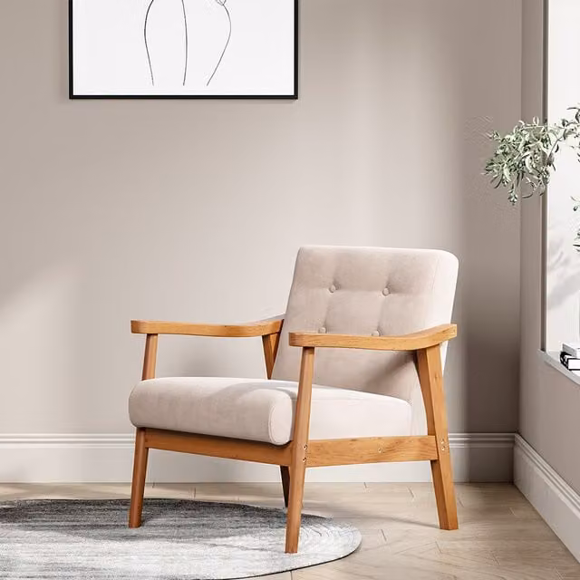 Livingandhome Modern Leisure Single Seat Armchair with Beige Velvet Button Back and Natural Rubberwood Frame