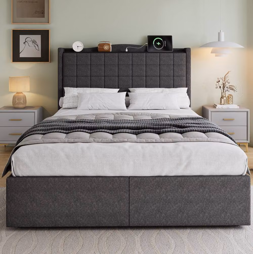STILVORA Double Upholstered Bed with 4 Drawers and USB Charging Port, Grey Linen, W: 140 cm, D: 200 cm, H: 111 cm – 2