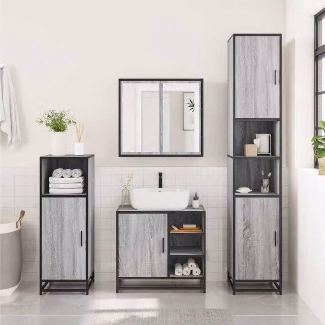 Berkfield Home Elegant Grey Sonoma Bathroom Sink Cabinet with Hinged Doors and Open Shelf, W/D/H: 65 x 33 x 60 cm – 1