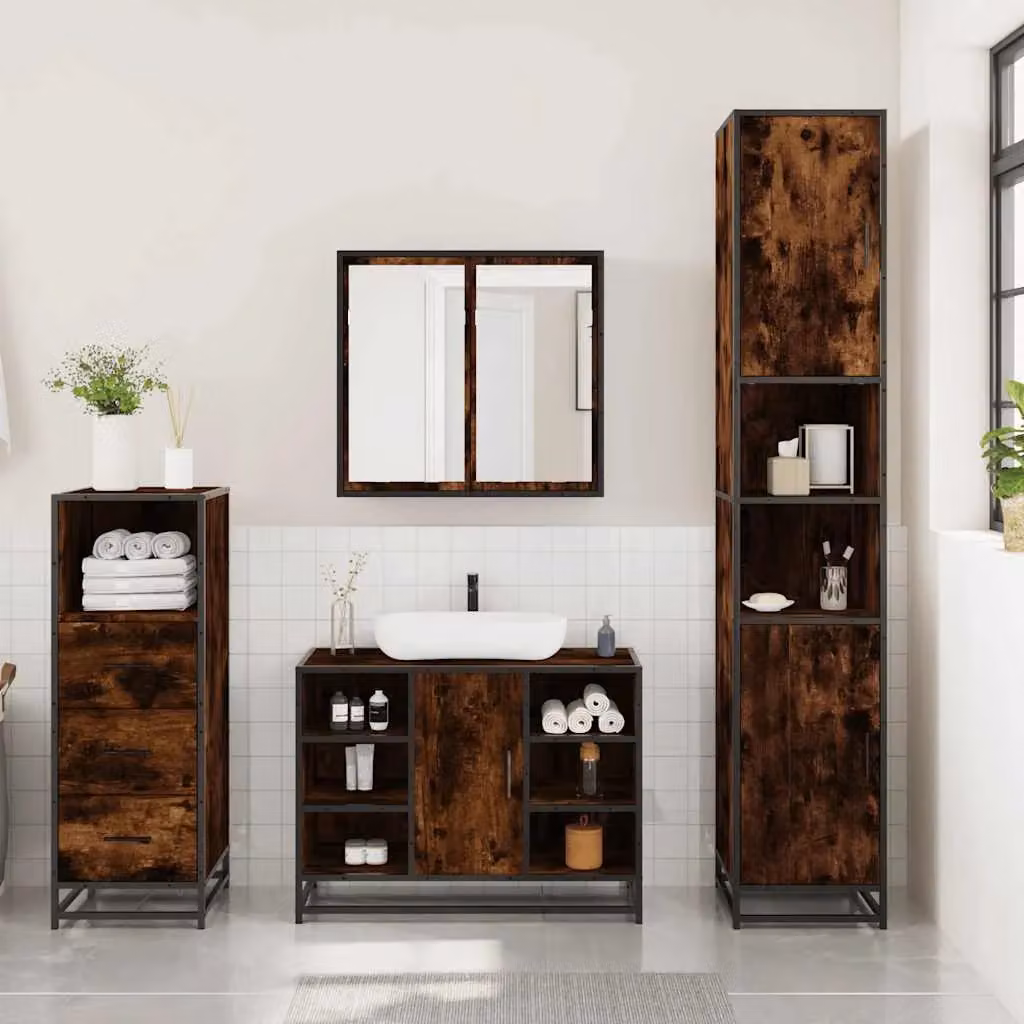 Berkfield Home 3 Piece Industrial Bathroom Furniture Set in Brown Smoked Oak – 3