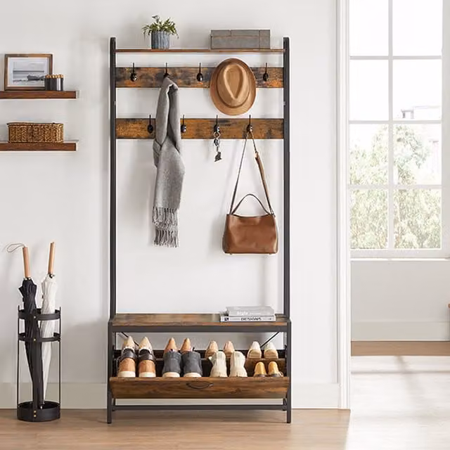 VASAGLE Multifunctional Industrial Hall Tree with Bench and Shoe Storage, Bronze and Brown