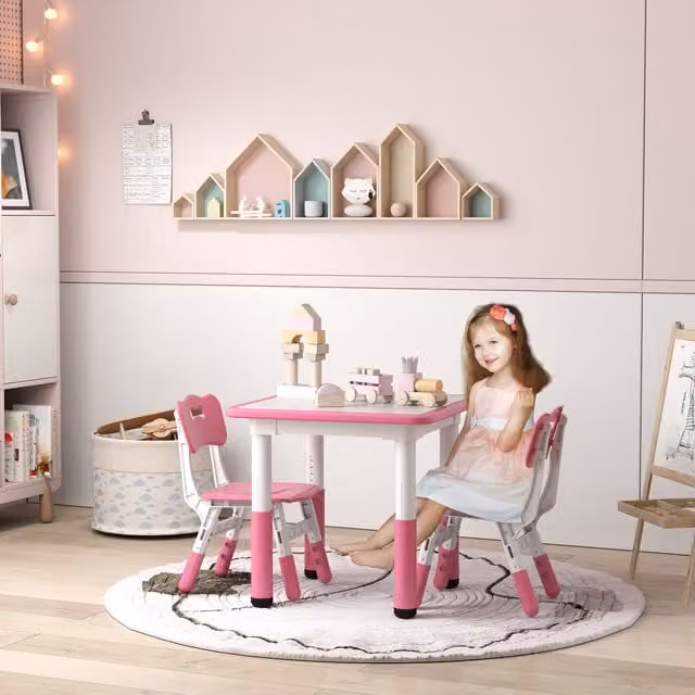 AIYAPLAY 3 Piece Height Adjustable Kids Table and Chair Set in Pink