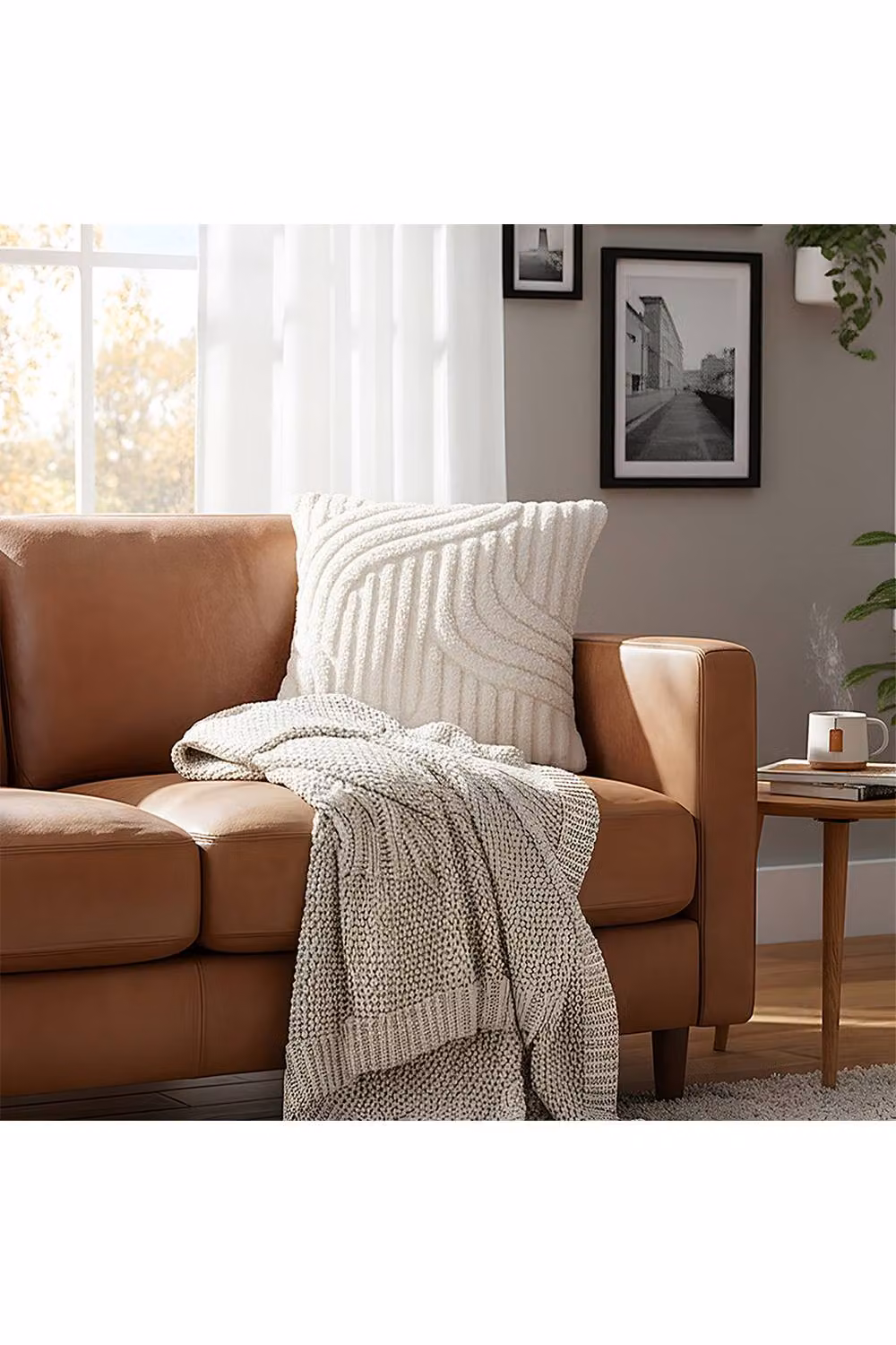 Living and Home 3D Wave Textured Plush Square Throw Pillow Cover in Beige – 2
