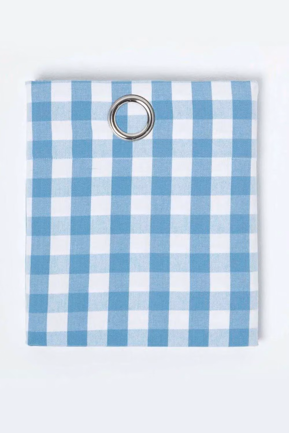 Homescapes Blue Cotton Block Check Gingham Eyelet Curtain Pair, Width: 140 cm, Drop: 183 cm – 2