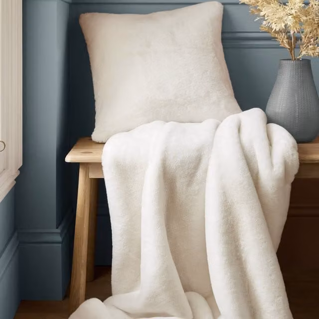 Laura Ashley Newland Faux Fur Filled Square Cushion, White, W/D/H: 45 x 45 x 45 cm