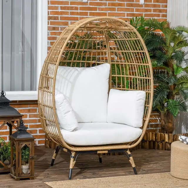 Outsunny Modern Rattan Outdoor Egg Chair with Thick Padded Cushions in Khaki