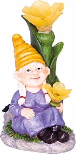 St Helens Home & Garden Solar Lady Gnome Garden Ornament with Yellow Hat and Multicolour Details