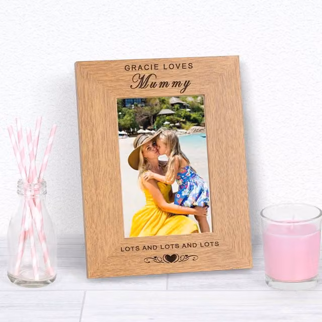 Uniqueful Personalised Loves Mummy Wooden Photo Frame, Brown, W/D/H: 19.5 x 24.5 x 24.5 cm