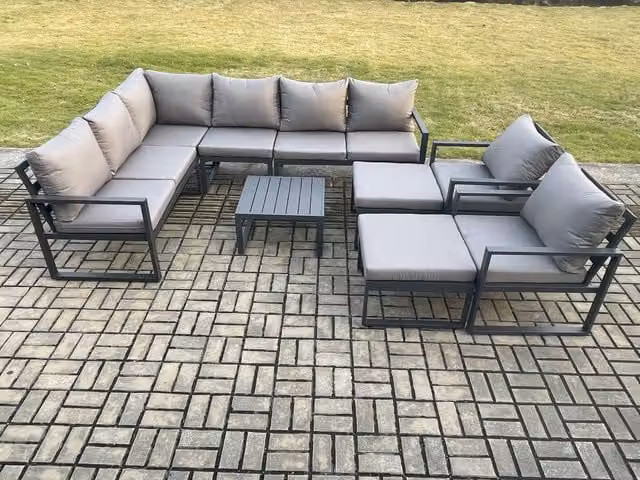 Fimous 10 Seater Outdoor Lounge Corner Sofa Set in Dark Grey with Powder Coated Aluminium Frame, Coffee Table, 2 Chairs and 2 Ottomans