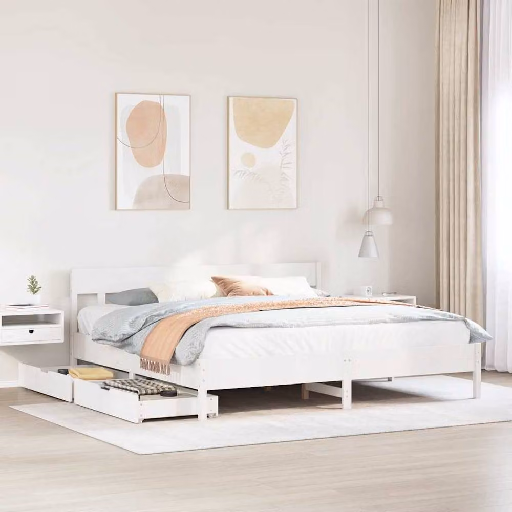 Berkfield Home Super King Solid Wood Pine Bed Frame in White, W: 180 cm, D: 200 cm